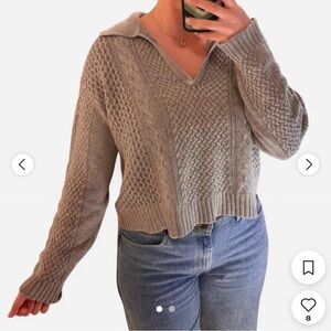 JASON WU Small Wool Blend Toasted Gray Cropped Cable Knit V Neck Collar Sweater